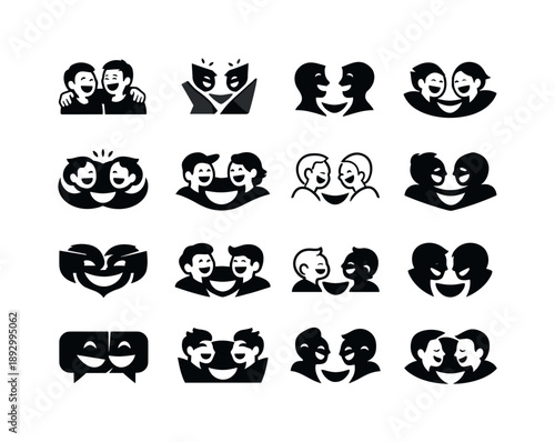 Humor in Friendships Icons. The role of humor in friendships. Icon set. Set Logo of the role of humor in friendships: friends joking together. harmonious logo