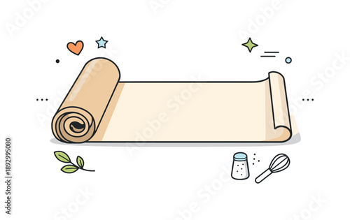 Minimalist Parchment Decoration. Parchment paper sheet. A rolled piece of baking parchment partially unrolled on a clean surface. Order, readiness, and quiet