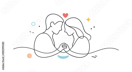 Minimalist Emotional Connection. Romantic line art illustration. Conceptual scene with two abstract figures connected by a single continuous line, minimal