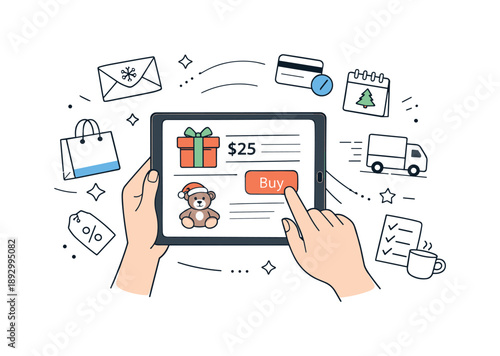 Relaxed Festive Shopping. Online holiday shopping. Using a tablet to order gifts, relaxed and convenient festive preparation. Clean digital scene with floating