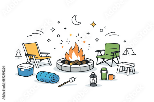 Cozy Firepit Evening. Backyard firepit gathering. A simple firepit surrounded by chairs and camping items, ready for an evening outdoors. Calm anticipation