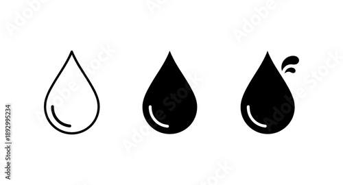 Three water drop icons: outline, solid, and splashing, representing liquid states