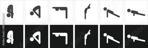 Yoga Pose Silhouette Icon Set Featuring Advanced Physical Fitness Asanas Including Handstands, Forward Folds, Planks, and Backbend Stretches for Athletic Training and Wellness