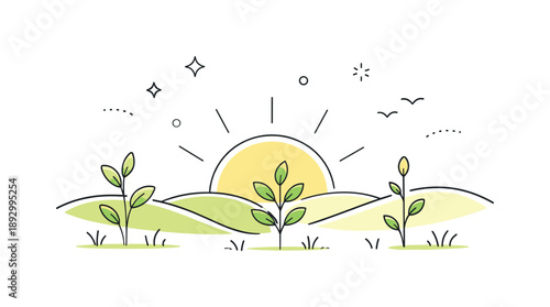 Morning Nature Awakening. Morning nature awakening. A minimal natural scene with rising sun, hills or fields, and fresh plants stretching upward. Sense of new