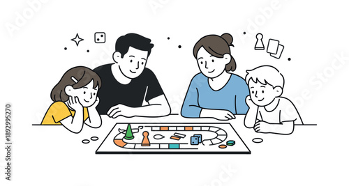 Family Board Game Night. Board game fun. A family scene with players focused on the board, some leaning forward, others smiling softly. The mood