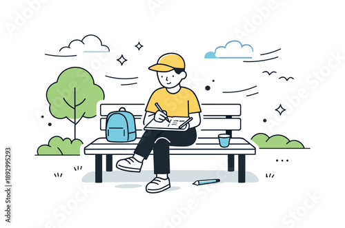 Peaceful Park Sketching. Outdoor drawing practice. A simple scene of a person sketching on a bench in a park, gentle breeze suggested by light motion lines,