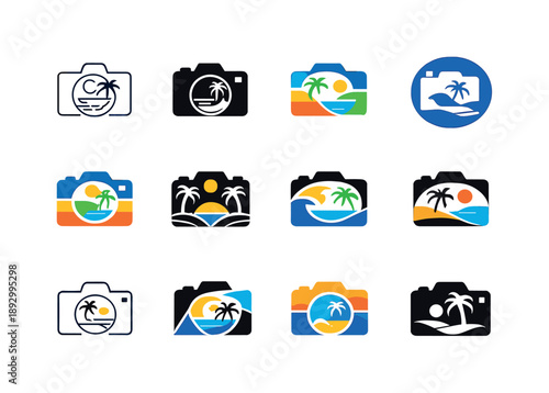 Travel Photography Icons. Travel photography (summer destinations). Icon set. Set Logo of travel photography (summer destinations): tropical beach with camera.