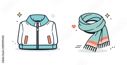 Minimalist Jacket and Scarf. Light jacket and scarf vectors. Editorial-style clothing illustration with a neatly folded jacket and loosely wrapped scarf, calm