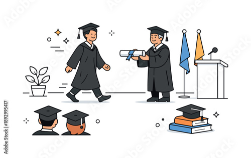 Graduation Ceremony Illustration. Graduation day ceremony. A graduate walking across the stage to receive a diploma. Sense of achievement, pride, and formal
