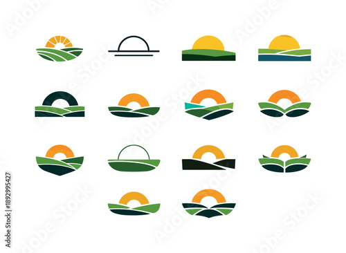 Lowland Logo Variations. Lowland. Icon set. Set Logo of Lowland: low horizon sun over plains. harmonious logo variations of the same emblematic concept, each