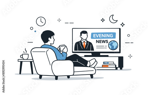 Evening News Relaxation. Evening news moment. A person relaxing on a chair or couch, watching the news on a TV screen with abstract glowing shapes and subtle
