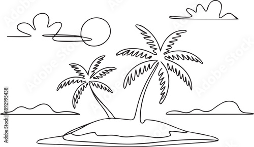 Serene island scene with palm trees and clouds viewed from a distance on a calm day illustration