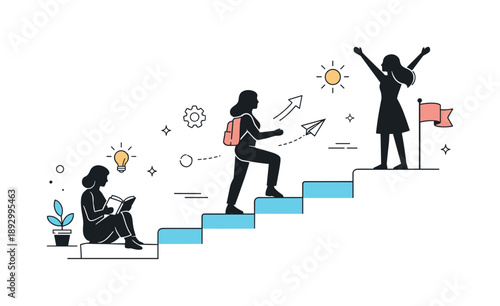 Inspiring Personal Growth. Inspiration and Growth. Conceptual scene of female silhouettes interacting with abstract stairs or steps, conveying personal