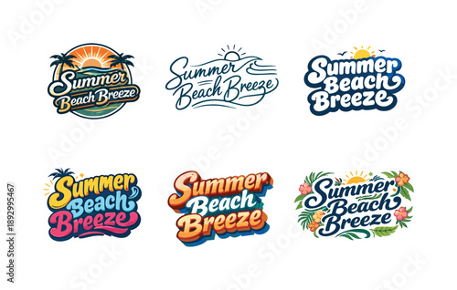 Summer Beach Lettering. Summer beach breeze mood. Set lettering. harmonious lettering variations of the same emblematic concept, each with different artistic