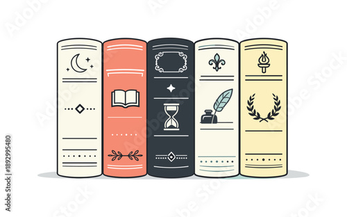 Vintage Book Covers. Minimal vintage book cover set. Several closed books with ornate yet subtle details placed in a tidy row, soft spines and muted tones.