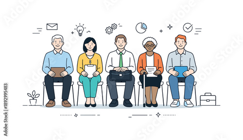 Age-Inclusive Interviews. Age-inclusive hiring. A diverse group of job candidates of different ages sit calmly in an interview or onboarding setting. Fair