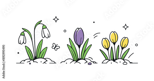 Spring Buds Emerging. Signs of spring. Budding plants pushing through the ground with petals not yet fully open. Quiet visual story of anticipation and natural