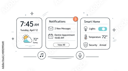 Smart Mirror Interface. Smart mirrors and interactive home tech interface. A clean close-up scene focusing on a smart mirror UI with cards for time,