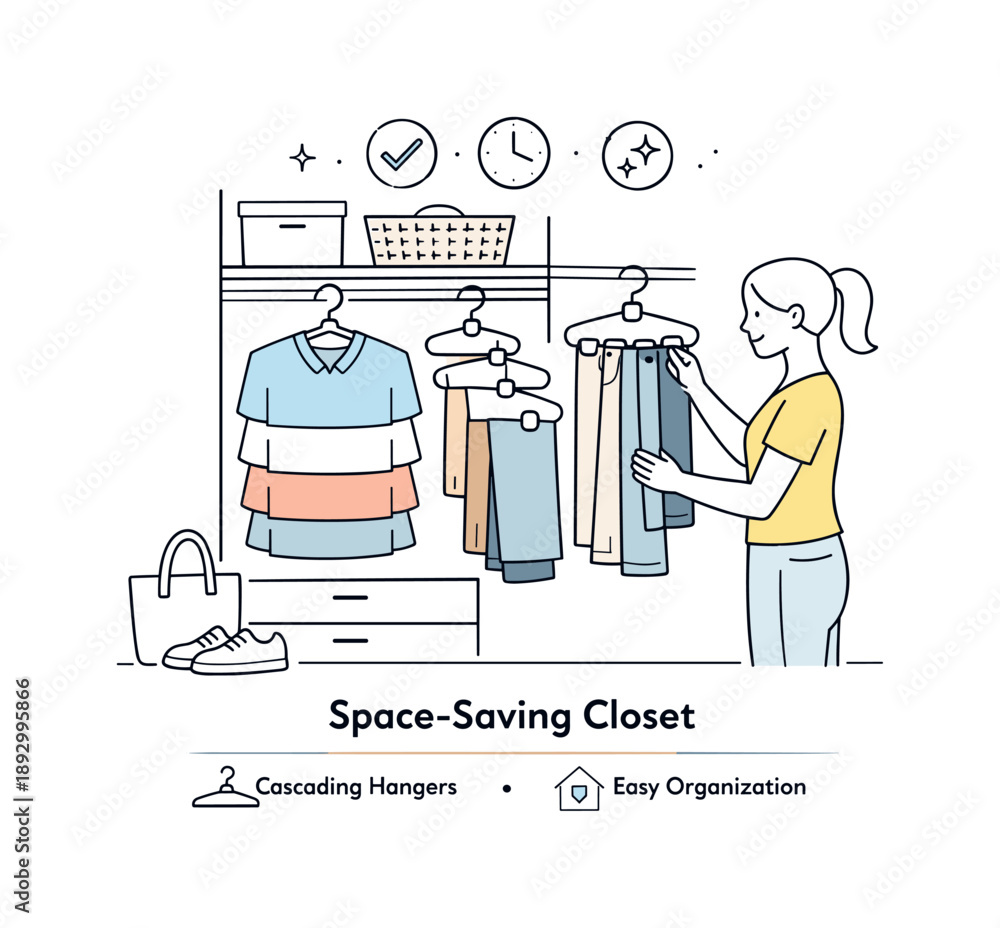 Obraz premium Compact Closet Solution. Small closet optimization. A compact wardrobe uses cascading hangers to hold multiple items vertically. Smart solution, functionality,