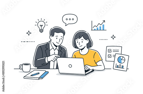 Calm Team Collaboration. Manager and employee collaboration. Manager and employee working together on a laptop with notes and charts, shared focus and calm