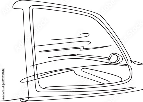 Continuous line drawing of a car window with reflection and side mirror viewed from outside