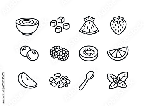 Fruit Smoothie Icons. Fruit smoothie bowl. Line icon set of Fruit smoothie bowl: bowl with swirl, mango cubes, pineapple slice, strawberry,