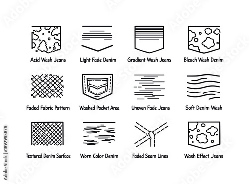 Washed Denim Icons. Washed Denim Textures. Line icon set of Washed Denim Textures: acid wash jeans, light fade denim, gradient wash jeans, bleach wash denim,