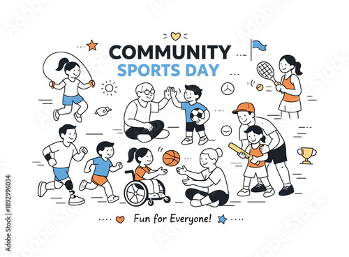 Community Sports Day Poster. Sports Event Poster Design ? Community Sports Day. People of different ages enjoying sports activities together in a friendly