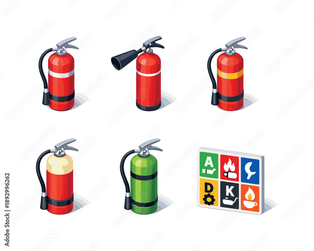 Obraz premium Fire Extinguisher Varieties. Extinguisher Types. Isometric flat vector icons set of Extinguisher Types: water extinguisher, CO2 extinguisher, dry chemical