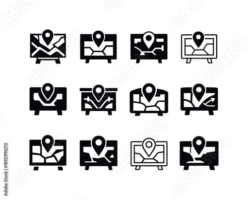 Evacuation Plan Logos. Evacuation plan. Icon set. Set Logo of Evacuation plan: emergency map board with location marker. harmonious logo variations of the same