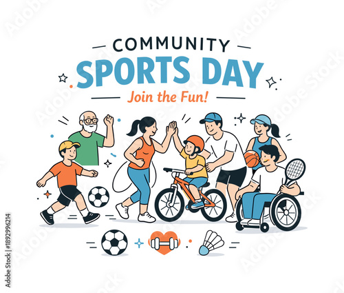 Community Sports Day Poster. Sports Event Poster Design ? Community Sports Day. People of different ages enjoying sports activities together in a friendly