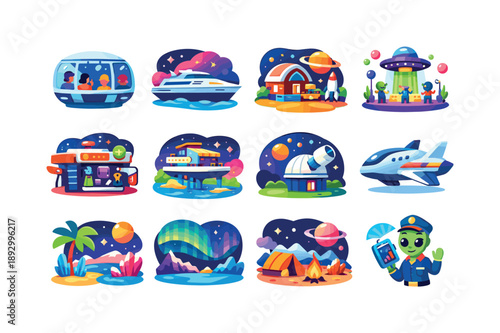 Intergalactic Travel Icons. Intergalactic Tourism. Colorful flat vector icons set of Intergalactic Tourism: galaxy sightseeing pods, nebula cruise ships,