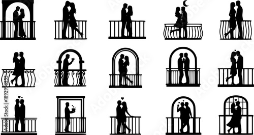 Collection of romantic balcony couple silhouette valentine vector icon set. Clean romantic icons symbols isolated on a white background for Valentine’s Day