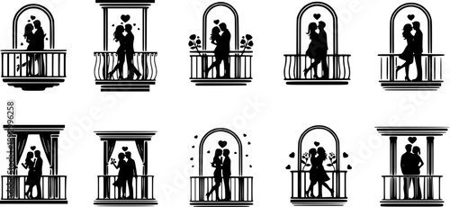 Collection of romantic balcony couple silhouette valentine vector icon set. Clean romantic icons symbols isolated on a white background for Valentine’s Day