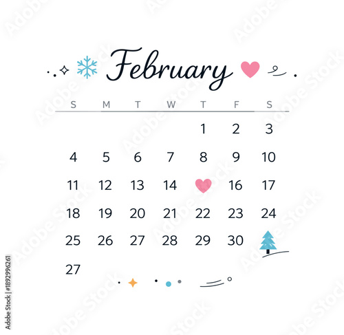 February Minimal Calendar. Minimal Calendar February. A clean calendar page with February dates neatly arranged, accented by a small heart or winter symbol.