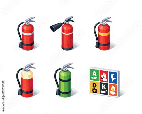 Fire Extinguisher Varieties. Extinguisher Types. Isometric flat vector icons set of Extinguisher Types: water extinguisher, CO2 extinguisher, dry chemical