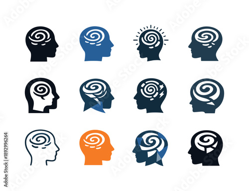 Work Anxiety Icons. Work performance anxiety. Icon set. Set Logo of work performance anxiety: head with swirling thoughts. harmonious logo variations of the