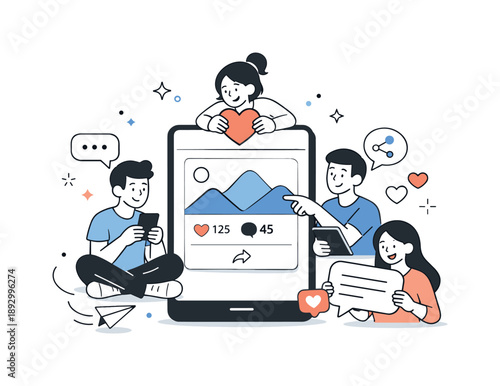 Engaged Online Community. Online audience engagement. Characters reacting with hearts, messages and shares around a central post, lively but balanced