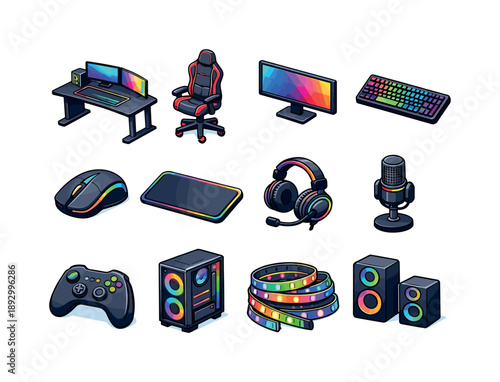 Colorful Gaming Icons. Gaming Setup. Colorful isometric vector icons set of Gaming Setup: gaming desk, gaming chair, widescreen monitor, RGB keyboard, gaming