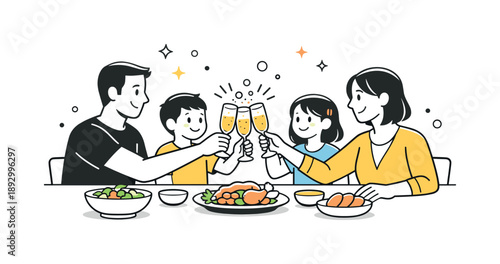 Family Celebration Toast. Family toasting with sparkling juice dinner. Parents and children seated at a table clinking glasses gently. Cozy family gathering