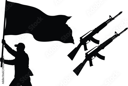 Revolutionary silhouette illustration showing protester raising flag beside assault rifles, black vector style symbolizing rebellion, conflict, resistance, and political struggle