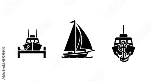 Collection of three black nautical vessel icons on a white background