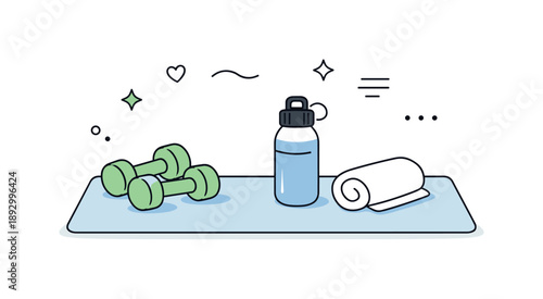Minimalist Home Gym Setup. Home workout setup illustration. Clean layout showing a small indoor gym area with dumbbells, water bottle and exercise mat, soft