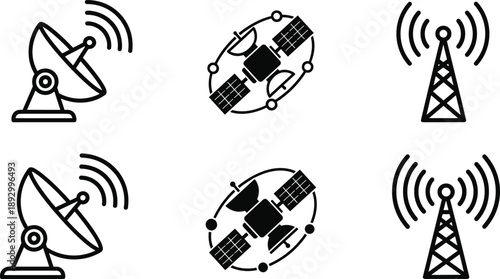 Satellite communication and wireless network icon set featuring dish antennas, orbiting satellites, and signal towers for modern telecommunications and technology design