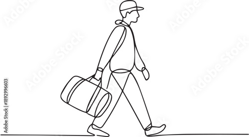 Man walking with luggage, carrying bag and wearing hat, illustration of traveler on the move