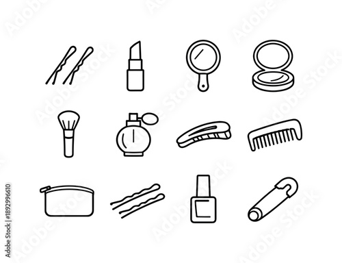 Beauty Accessory Icons. Beauty accessories. Line icon set of Beauty accessories: hairpin, lipstick, mirror, compact powder, makeup brush, perfume bottle, hair