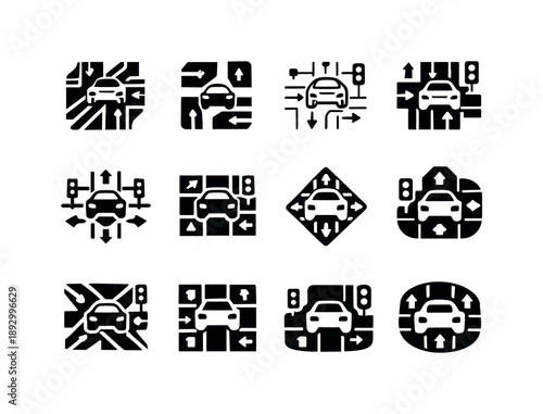 Traffic Management Icons. traffic management. Icon set. Set Logo of traffic management: car navigating smart traffic grid. harmonious logo variations of the