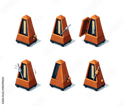 Wooden Metronome Icons. Metronome Wooden. Isometric flat vector icons set of Metronome Wooden: classic wooden metronome, metronome with pendulum arm, open