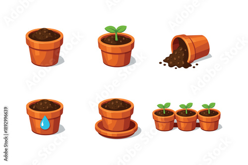 Isometric Potting Icons. Potting Scene. Isometric flat vector icons set of Potting Scene: terracotta pot with soil, pot with seedling, spilled soil from pot,