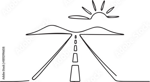 A serene landscape illustration of a road stretching towards mountains under a radiant sun